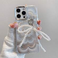 珍珠串珠蝴蝶结，心形吊坠链，渐变幻影花，时尚个性，全包覆式亚克力手机壳，兼容三星 S26 Ultra/S26+/S26/S25/S24/S23 Ultra/S22 Ultra、Pixel、荣耀、17 Pro Max/16/15/14/13/12/11/XR/X Max/7P/8P/8/7 系列 - 銀色 - 查看 1