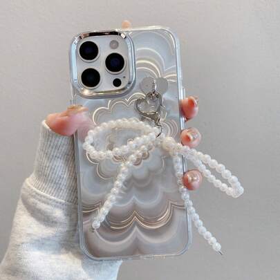 珍珠串珠蝴蝶结，心形吊坠链，渐变幻影花，时尚个性，全包覆式亚克力手机壳，兼容三星 S26 Ultra/S26+/S26/S25/S24/S23 Ultra/S22 Ultra、Pixel、荣耀、17 Pro Max/16/15/14/13/12/11/XR/X Max/7P/8P/8/7 系列