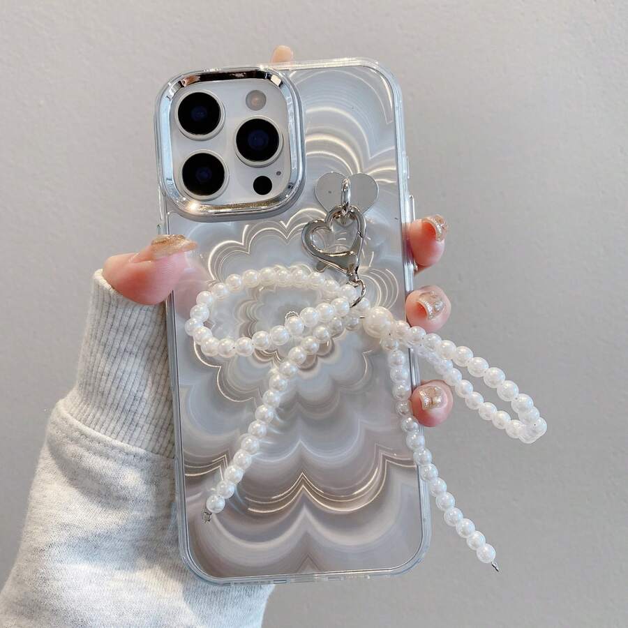 珍珠串珠蝴蝶结，心形吊坠链，渐变幻影花，时尚个性，全包覆式亚克力手机壳，兼容三星 S26 Ultra/S26+/S26/S25/S24/S23 Ultra/S22 Ultra、Pixel、荣耀、17 Pro Max/16/15/14/13/12/11/XR/X Max/7P/8P/8/7 系列 - 銀色 - 查看 1