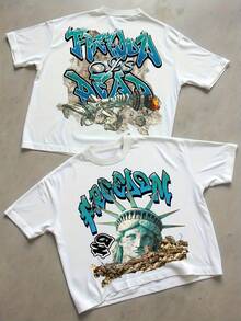 Nuevas camisetas de moda para hombre de primavera y verano con estampados de estilo urbano - diseño "Liberty", que presenta la Estatua de la Libertad y una calavera, corte holgado, cuello redondo, ropa casual de verano, tejido de punto de poliéster. - Blanco - Ver 1