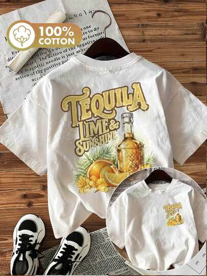 [Double-Sided Print] Spring And Summer Women's Fashion Top, Casual Beach Look, Hand-Painted Style, Lime Bottle Print, TEQUILA LIME & SUNSHINE, Crew Neck Short-Sleeve T-Shirt Made Of Pure Cotton For Women [Chu K] Spring Outfit, Cotton T-Shirt