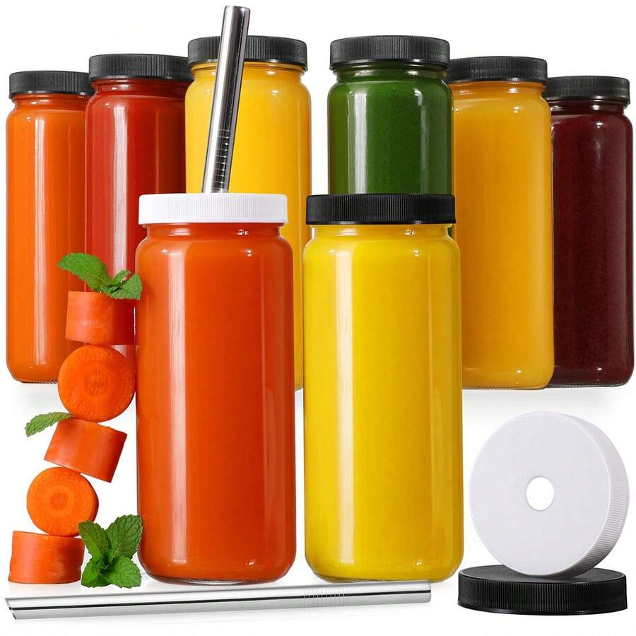 8PCS Glass Juice Bottles With Lids, 16oz Sealed Glass Bottles, Includes Straws, Smoothie Cup Lids And Strawsater Bottles Mason Jars Drink Cups, Suitable For Juicing, Smoothies, Drinkware Set - 查看 1