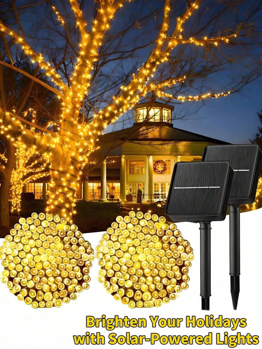 1PC Outdoor Solar String Lights, 40ft 100 LED Outdoor Solar Christmas Lights With 8 Lighting Modes, IP65 Waterproof Solar String Lights Outdoor Garden Party Tree Decorations, Warm White, Suitable For Indoor Wall Bedroom Decoration, Room Decoration, Halloween, LED Lights, Autumn Decoration, Christmas Decoration.