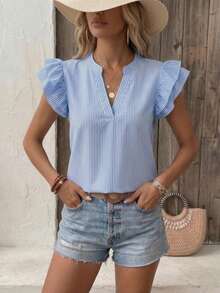 YUXIN 女士休闲透气竖条纹衬衫，荷叶领花瓣袖，易于打理，夏季假日周末必备单品 - 藍色 - 查看 7