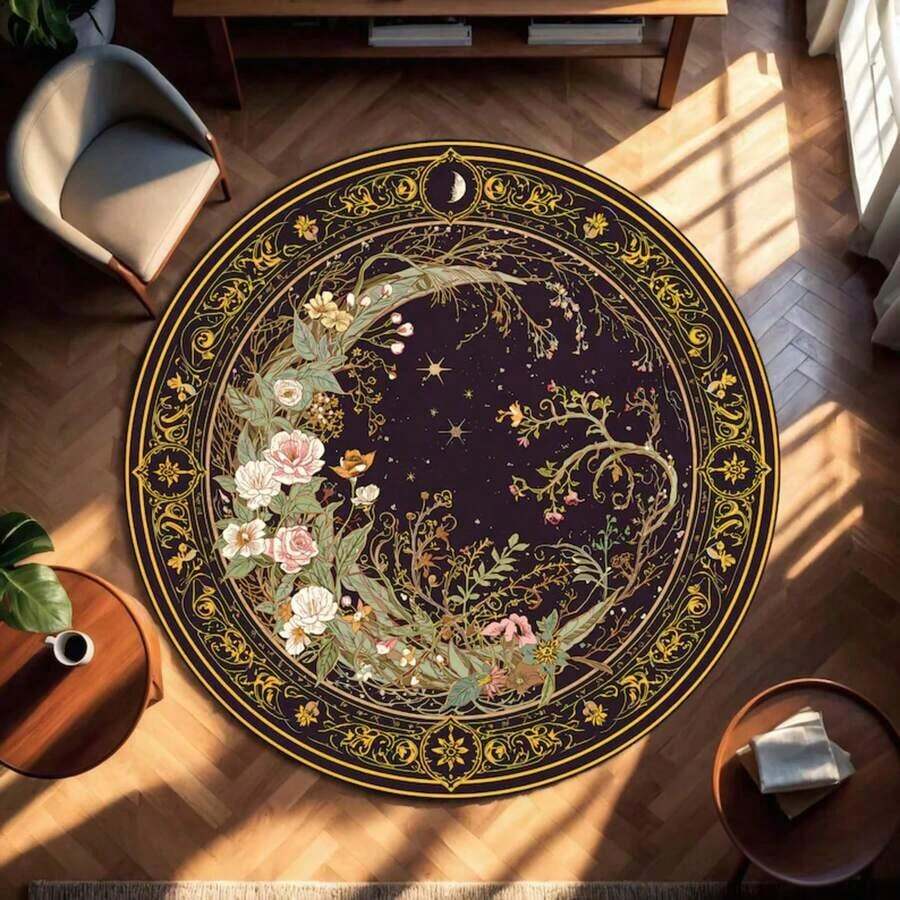 Floral Round Rug, Moon And Stars Boho Carpet, Mystical Art Nouveau Circle Living Room Decor, Witchy Home Idea No Pile On Floor - 1PC - 查看 1