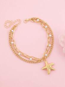 1pc Creative Fashion Multi-Layer Chain Pearl Chain Starfish Pendant Anklet, Suitable For Beach Resort Wear - Multicolor - View 4