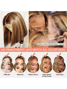 Honey Blonde Ombre Bob Lace Wig 8-16 Inch, 13x4 Straight Human Hair Wig, 200% Density Short Bob Frontal Wig, Glueless Pre-Plucked With Baby Hair, Highlights Basics For Women Bob Wig P4/27 Blonde Straight Lace Front Wig With Gradient Short Bob Style 8-16 Shiny Wig Pre-Plucked For Women Pre Plucked 13x4 Transparent 4/27 Honey Blonde Lace Frontal Wigs Suitable For Skin Tones, Natural Straight Hair Texture, No Glue Needed For Women - S4/27 - View 5