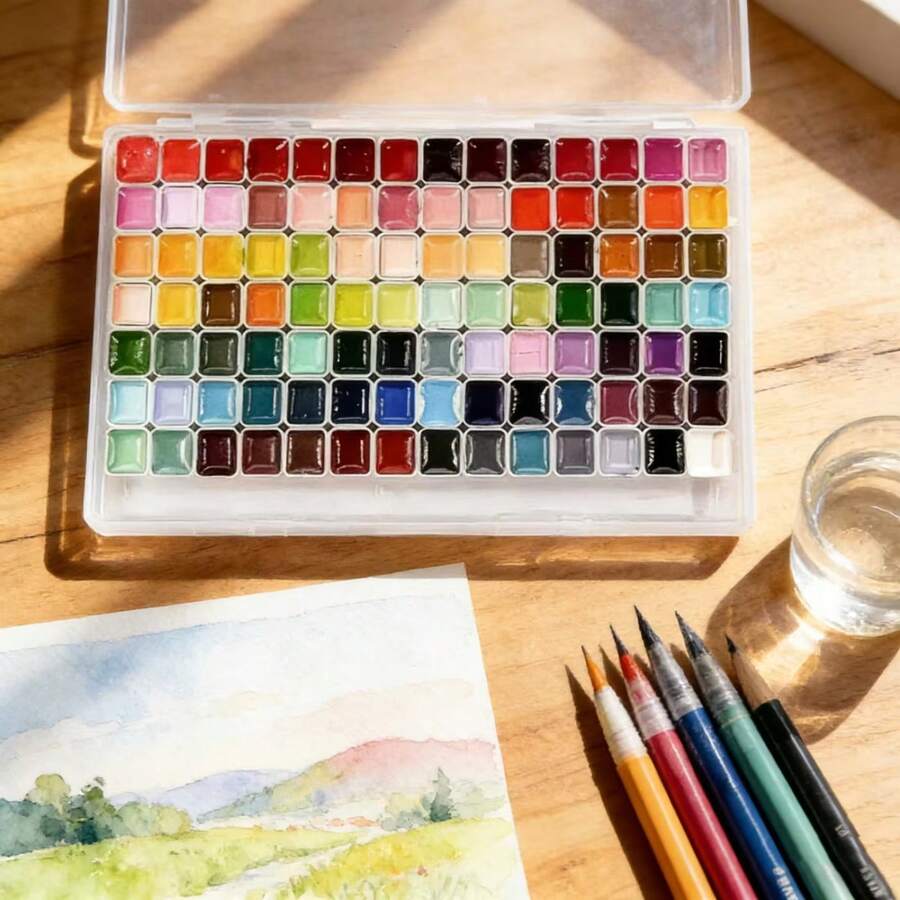 مجموعة ألوان مائية 98 لون/60 مل/48 ورقة، طقم ألوان مائية مثالي للسفر للفنانين وهواة الرسم والمهتمين بالرسم