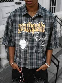 男士休闲时尚街头字母格纹印花宽松衬衫，夏季 - 軍綠色 - 查看 4