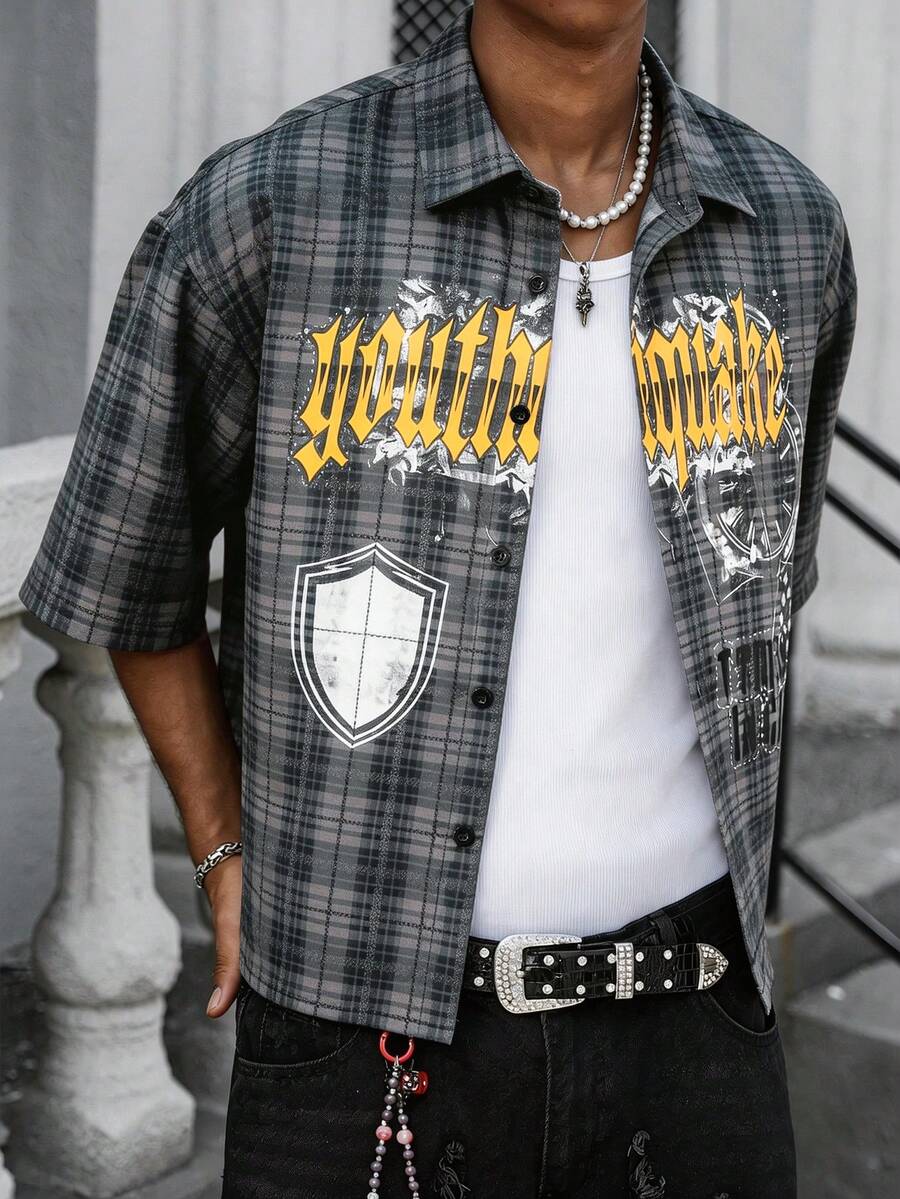 男士休闲时尚街头字母格纹印花宽松衬衫，夏季 - 軍綠色 - 查看 1