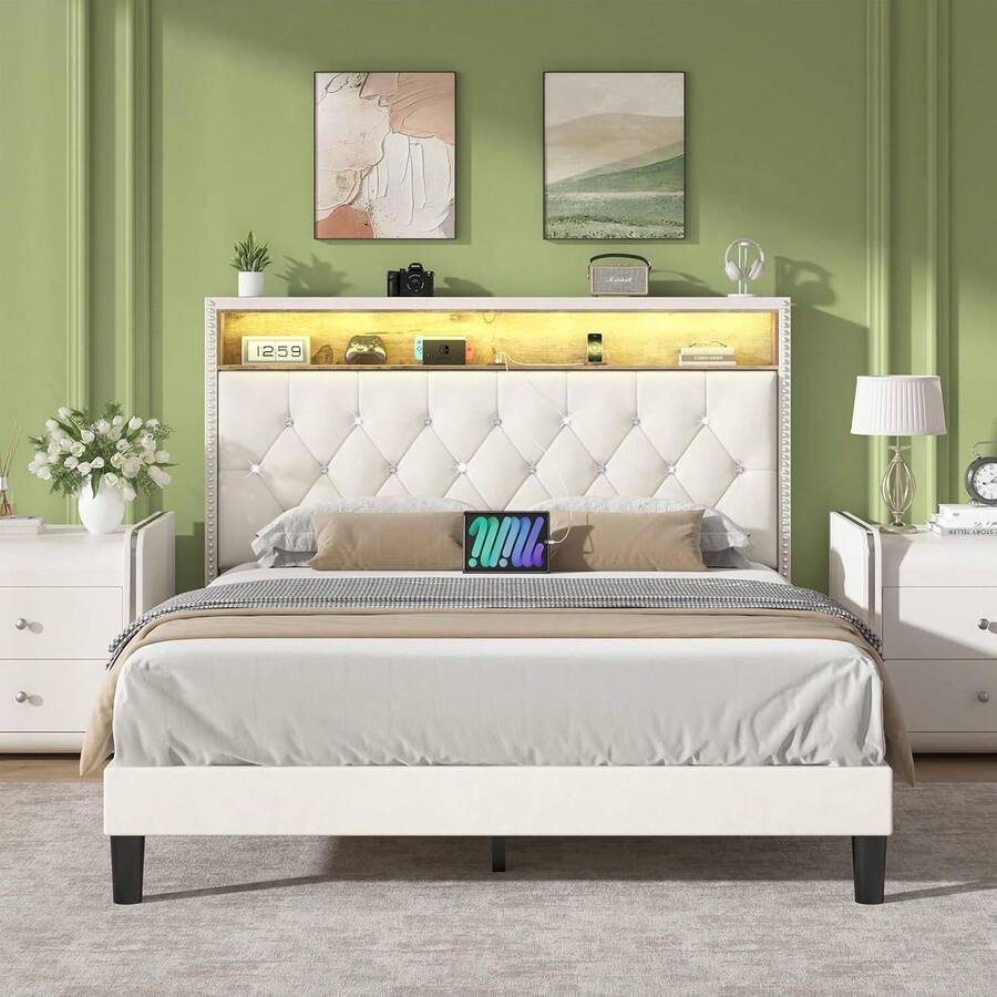 LED Bed Frame With Storage Shelf Headboard, Velvet Upholstered Bed Frame With Charging Station, Modern Bed Frame With Diamond Tufted Headboard, No Box Spring Needed, White/ Black, Full/ Queen/ King  (USB LED Strip) - 白色 - 查看 1