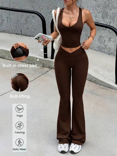 Conjunto de 2 piezas de Aoquita para mujer, compuesto por top sin mangas de unicolor con escote profundo en V y pantalones de cintura alta que levantan, adecuado para fitness, entrenamiento, correr, yoga en verano