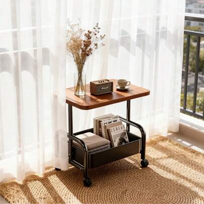 Tavolino laterale a doppio strato con ruote, 45 x 30 x 51 cm / Tavolino da caffè con ripiano di archiviazione per il soggiorno / Comodino da camera da letto