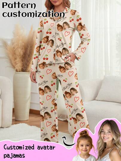Customized Women's Long Sleeve Pajama Set, Can Print Any Pattern, Personalized Pajamas With Photos, Funny Customized Images, Comfortable Sleepwear. Suitable For Mother's Day, Birthday, Gifts, Personalized, Colorful, Cute, Witty, Unique, Exclusive, Ideal Girlfriend Gift, Suitable For Girlfriend, Family, Friends, Elders, Fashionable For Autumn, Party Occasions