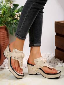 Dép xỏ ngón đế xuồng dệt kim thời trang nữ, sandal đế xuồng đính đá thủ công. - Màu be - Xem 5