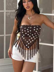 2026新款手工亮片钩编镂空流苏露脐上衣（女款） - 咖啡棕 - 查看 2