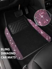 4pcs Crystal Diamond Decor Car Floor Mats - Sparkling Diamond Decor Faux Fur & PVC Non-Slip Base - Waterproof Easy Clean Universal Car Mats For Ladies - All-Weather Protection For Sedan, SUV, Coupe (Pink) - Multicolor - View 6