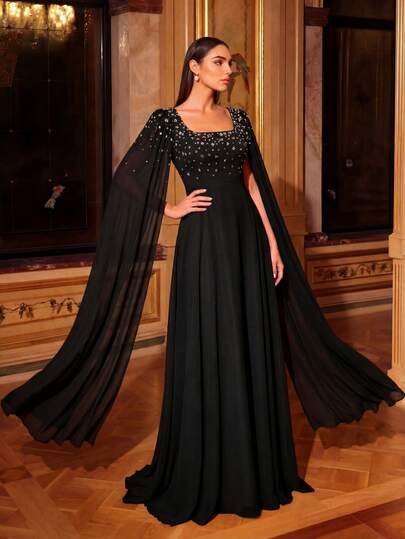  UNITHORSE Women Square Collar Rhinestone & Sequin Sleeve Solid Color Chiffon Evening Party Bridesmaid Dress, Wedding Guest Dress, Formal Dress, Bride Dress, Birthday Women Outfits, Graduation Dress