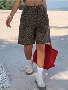 Women's Non-Stretch Leopard Print Denim Shorts, Y2K Sexy Loose Straight Leg Bermuda Shorts For Vacation - 棕色 - 查看 4