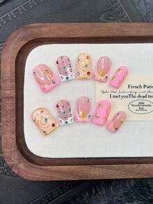 10片装 Y2K 风管状美甲贴片套装 - 手工制作，粉色美甲，黄色美甲，粉白法式美甲，手绘金色图案和金色星星设计，闪亮彩色水钻和金色星星点缀，可爱美甲。 - 彩色 - 查看 12