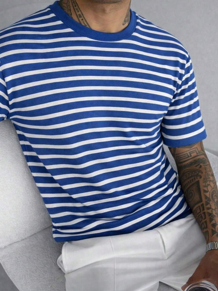 Modern Striped Slim Fit T-Shirt, Style, All Slim Fit. - Màu xanh da trời với màu trắng - Xem 1