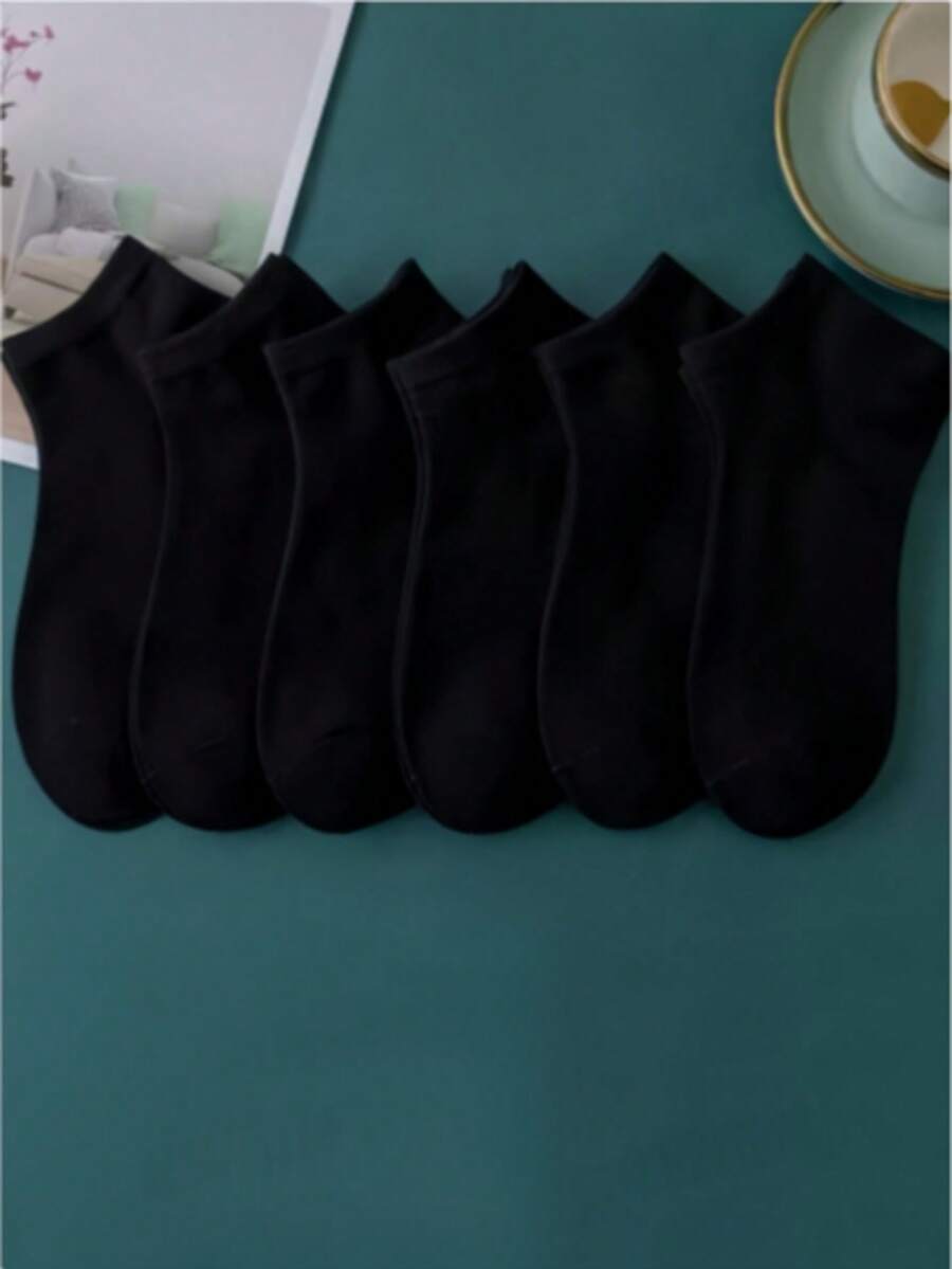 6 Pairs Black Ankle Socks (Polyester) - Black - View 1