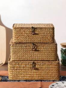 3 件套复古手工编织收纳篮，化妆品收纳盒，带盖桌面收纳盒，送礼佳品，家居装饰 - 长方形柳条收纳盒，适用于房间、客厅、厨房、卧室，非常适合圣诞节、情人节、母亲节。 - 棕色 - 查看 12
