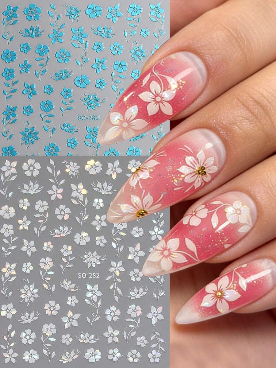 金箔花卉美甲贴纸、蓝色和全息银色花朵美甲贴纸、带有花瓣和叶子的简约自粘装饰美甲贴纸以及闪亮的芙蓉花图案。 - 彩色 - 查看 1