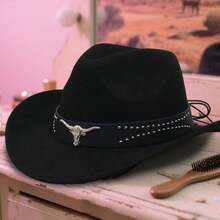 Men Women Cowgirl Hat Wide Brim Stylish Bull Head Belt Leather Design Western Cap For Daily Life Party - màu đen - Xem 11
