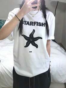 Minimalist. 100% Cotton. 1pacY2K Cartoon Pentagram Print Short Sleeve T-Shirt For Women, New Summer Fashion, Loose Round Neck, Versatile Design, White Top - Relaxed Fit, Vintage Casual Style, Comfortable For Daily Wear, Unisex Short Sleeve Cotton T-Shirt. Spring Summer Top - 白色 - 查看 3