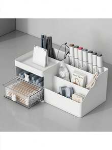 White Makeup Storage Box With Drawers, Plastic Desktop Organizer Rack, Multi-Functional Desk Tidy Box, Stationery Storage Container, Pen Holder, Cosmetic Display Stand, Makeup Brush Holder, Skincare Products Storage Box, Suitable For Bathroom, Study, Vanity, Can Be A Gift For Mom, Also Suitable For Beach, Bathroom, Bedroom, Large Capacity - White - View 4
