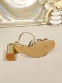 法国香槟金女士高跟凉鞋，拉丁舞鞋，编织镂空露趾单带凉鞋，粗跟搭扣系带时尚凉鞋 - 金色 - 查看 4