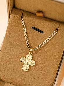 Colar infantil unissex com cruz católica vintage em zircônia, feito de cobre banhado a ouro 14K com revestimento uniforme e cor quente, resistente à oxidação e ao desbotamento, ideal para uso prolongado. - Ouro amarelo - Ver 2