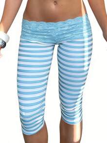 Lace Lettuce Trim Mid Waist Capri Leggings For Women Stripe Elastic Waist Ruffles Hem Tight Slim Fit Cropped Pants Coquette Leggings - 藍色 - 查看 5