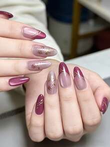 24Pcs Summer Red French Medium Almond Press On Nails, 3D Gold Foil Rose & Irregular Gold Lines, Pink Cat Eye Blush Fake Nails, Romantic Design For Date Night & Vacation - Red - View 1