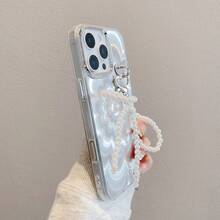 珍珠串珠蝴蝶结，心形吊坠链，渐变幻影花，时尚个性，全包覆式亚克力手机壳，兼容三星 S26 Ultra/S26+/S26/S25/S24/S23 Ultra/S22 Ultra、Pixel、荣耀、17 Pro Max/16/15/14/13/12/11/XR/X Max/7P/8P/8/7 系列 - 銀色 - 查看 3