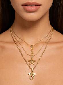 Set de 3 collares de acero inoxidable chapado en oro de 18K con estilo de vacaciones oceánicas, colgante de estrella de mar y cola de pez, collar gargantilla minimalista para uso diario - Multicolor - Ver 7