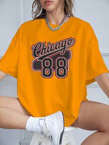Nueva camiseta de moda para primavera y verano para chicas en talla grande - CHICAGO 88 Camiseta estampada de talla grande para mujer, top casual de manga corta y cuello redondo, adecuada para primavera y otoño, ropa de talla grande a la moda. - azul real - Ver 5
