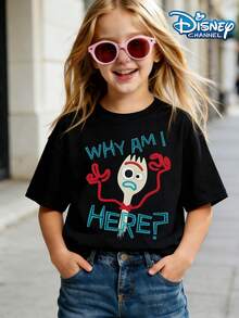 Disney Toy Story Forks: Why AM I HERE? Ridiculous And Humorous Print Pattern Summer Tops,Short-Sleeved Casual And Cute Style  Children's Clothing Design,Summer Outfits ,Girl Clothes For Kids ,Ropa Para Niños,Teen Girls Clothes,Kids Clothes,Graphic Tee, Summer Clothes,Perfect For Cool Girls. Comfortable And Breathable Children's Short-Sleeved T-Shirt. Comfortable And Casual Wear All Year Round  Children's Clothes,Comfortable & Lightweight, Iconic Print For Mix-And-Match Outfits,Suitable For Both Boys And Girls. - Black - View 1