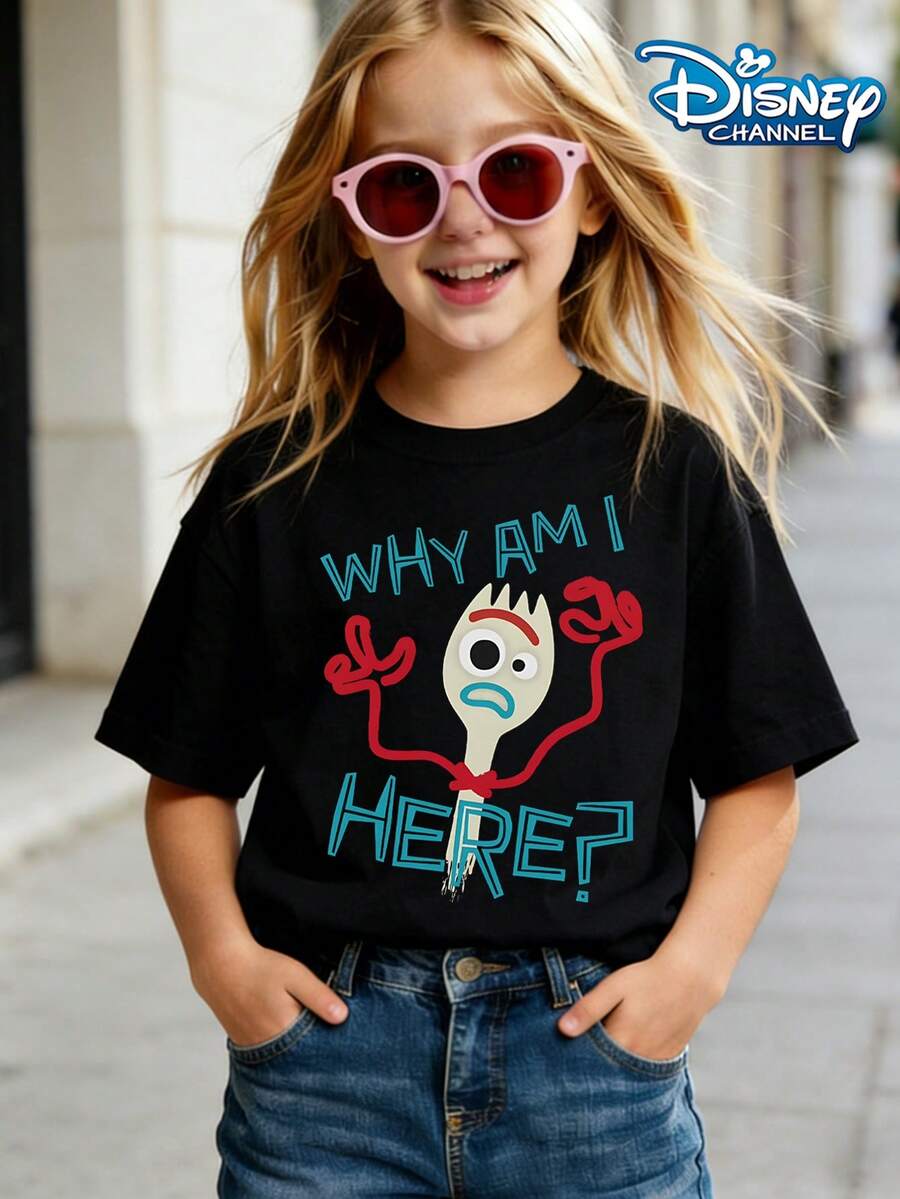 Disney Toy Story Forks: Why AM I HERE? Ridiculous And Humorous Print Pattern Summer Tops,Short-Sleeved Casual And Cute Style  Children's Clothing Design,Summer Outfits ,Girl Clothes For Kids ,Ropa Para Niños,Teen Girls Clothes,Kids Clothes,Graphic Tee, Summer Clothes,Perfect For Cool Girls. Comfortable And Breathable Children's Short-Sleeved T-Shirt. Comfortable And Casual Wear All Year Round  Children's Clothes,Comfortable & Lightweight, Iconic Print For Mix-And-Match Outfits,Suitable For Both Boys And Girls. - Black - View 1