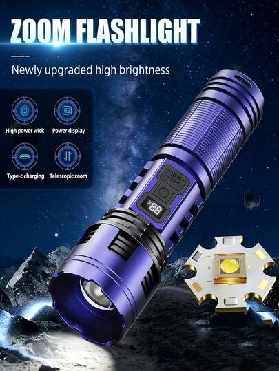 3/2/1件装强光手电筒，电池续航时间长，远射程，可伸缩变焦，带数字显示，Type-C充电，适用于徒步旅行、露营、登山等各种户外场景。