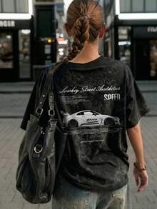 Summer New Fashion English Slogan Print Casual Round Neck Tie-Dye Short Sleeve T-Shirt, Versatile Plum Blossom & Pine Tree Pattern Design Suitable For Women Black - Black - View 2