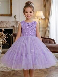 Váy mini vải tuyn tím đính sequin cho bé gái, váy dự tiệc sinh nhật bằng vải tuyn - Màu tím - Xem 5