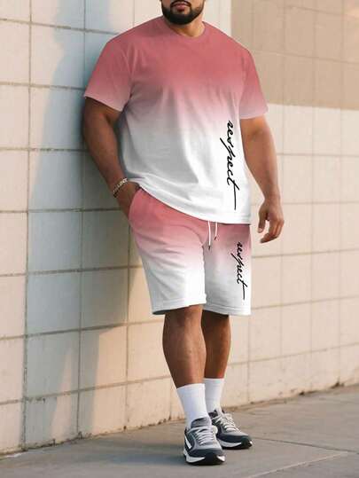 Conjunto informal de verano de talla grande, diseño de impresión 3D con degradado y letras, camiseta de manga corta y cuello redondo para hombres combinada con pantalones cortos cómodos, conjunto de estilo vacacional
