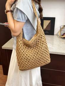 Dedoo Túi đan rơm thủ công dành cho nữ, kiểu dáng mới, dung tích lớn, thích hợp đi biển, nghỉ mát, đeo vai, bán sỉ. - Màu Khaki - Xem 5