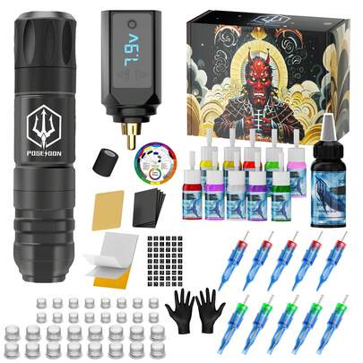  Poseidon Tattoo Kit Wireless Tattoo Pen Kit With 2pcs Batteries Tattoo Gun Kit With 10 Pcs Tattoo Cartridge Needle 11pcs Inks Complete Tattoo Supplies For Beginner