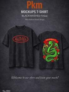 Men Washed Cotton Streetwear Brand Originals Vons Dutchs Snake And Clover Print Casual Tee For Daily Wear Outdoors | Front And Back Print | Vintage Heavyweight T Shirt | Perfect Gift | Loose Comfortable Breathable | Machine Washable Fabric | Hip Hop Cool Style | Drippy Clothes | Y2K - 黑色 - 查看 1