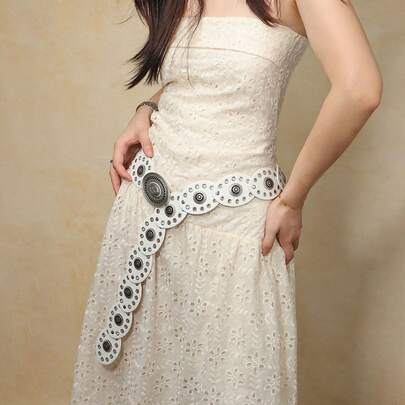 1pc White Faux Leather Grommet Waist Belt, Rivet Decor, White Oval Patchwork Belt, Silver Floral Engraved Buckle, Bohemian Style Suitable For Daily Wear