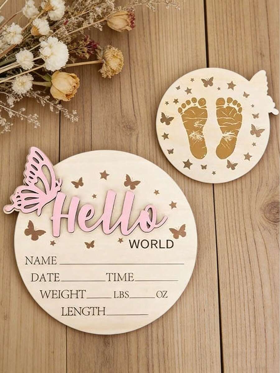 1 pieza Placa de anuncio de nacimiento de madera de doble cara, placa conmemorativa creativa, tarjeta de nombre de madera, adecuada para nuevos padres y adolescentes, gran regalo para madres embarazadas, bienvenida de recién nacidos, props de fotografía, regalo de bautizo, baby shower - color madera - Ver 1