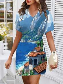 Women's Coastal Village Dress Italian Seaside Art Print Tee Ladies Sport Collection Short Sleeved Relaxed Fit Graphic Summer Vacation Beach Town Souvenir Wear - Nhiều màu - Xem 1